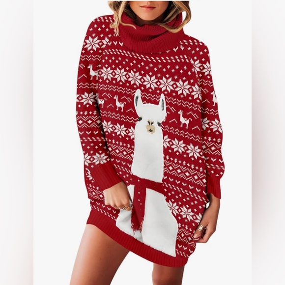 NWT- Medium Red Llama Pattern Women's Sweater Dress - Picture 3 of 8